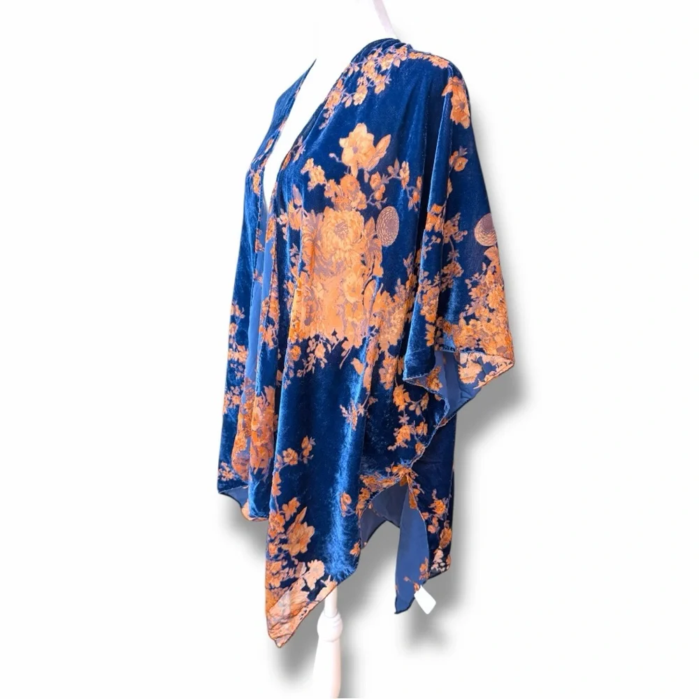 Francesca’s Boho Floral Burnout Velvet Kimono Navy & Rust OS - Picture 4 of 10